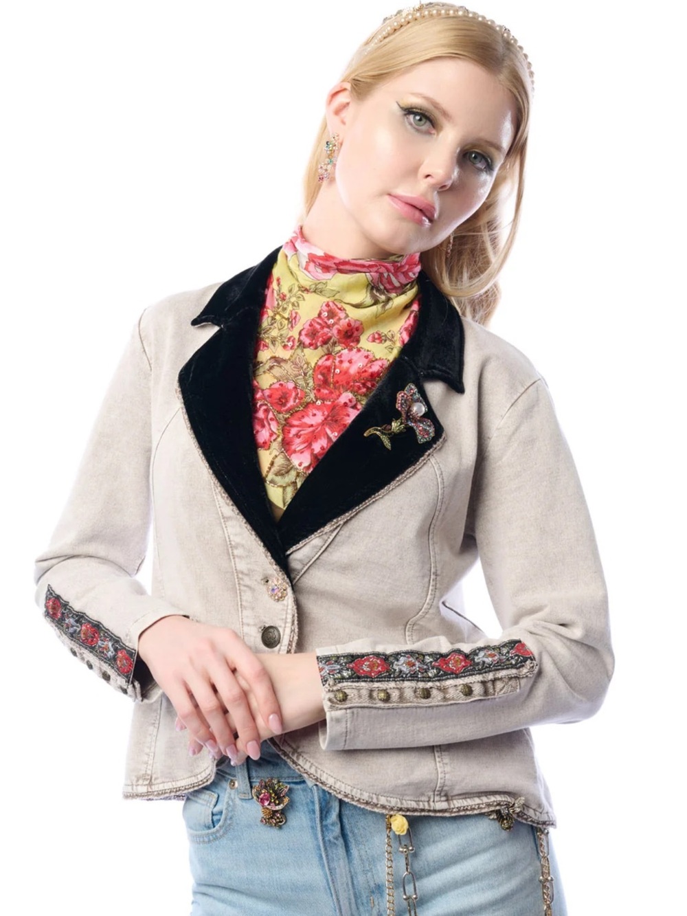 Boho French Terry Jacket with Velvet Lapels and Jacquard Trim, Day to Night